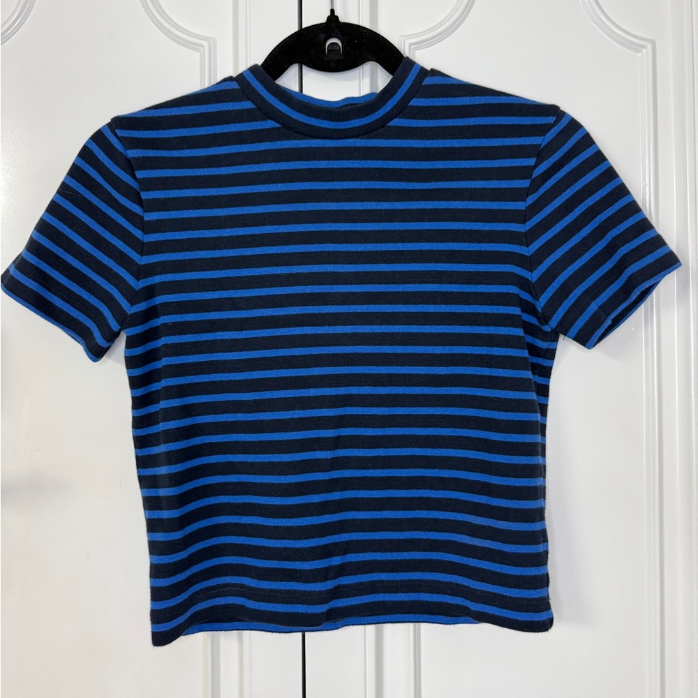 Alexander Wang Black and Blue Striped Short Sleeve Top